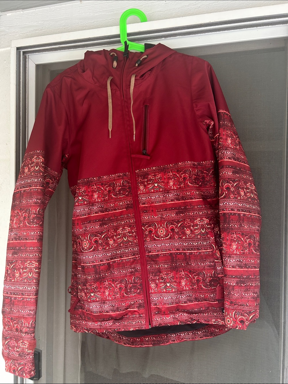Women’s Red Patterned Ski Jacket with Hood